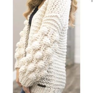 Wishlist Handmade Pom Pom Balloon Sleeve Open Cardigan in Cream